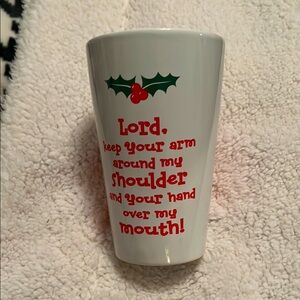 White Ceramic Mug with Red Text and Holly Design